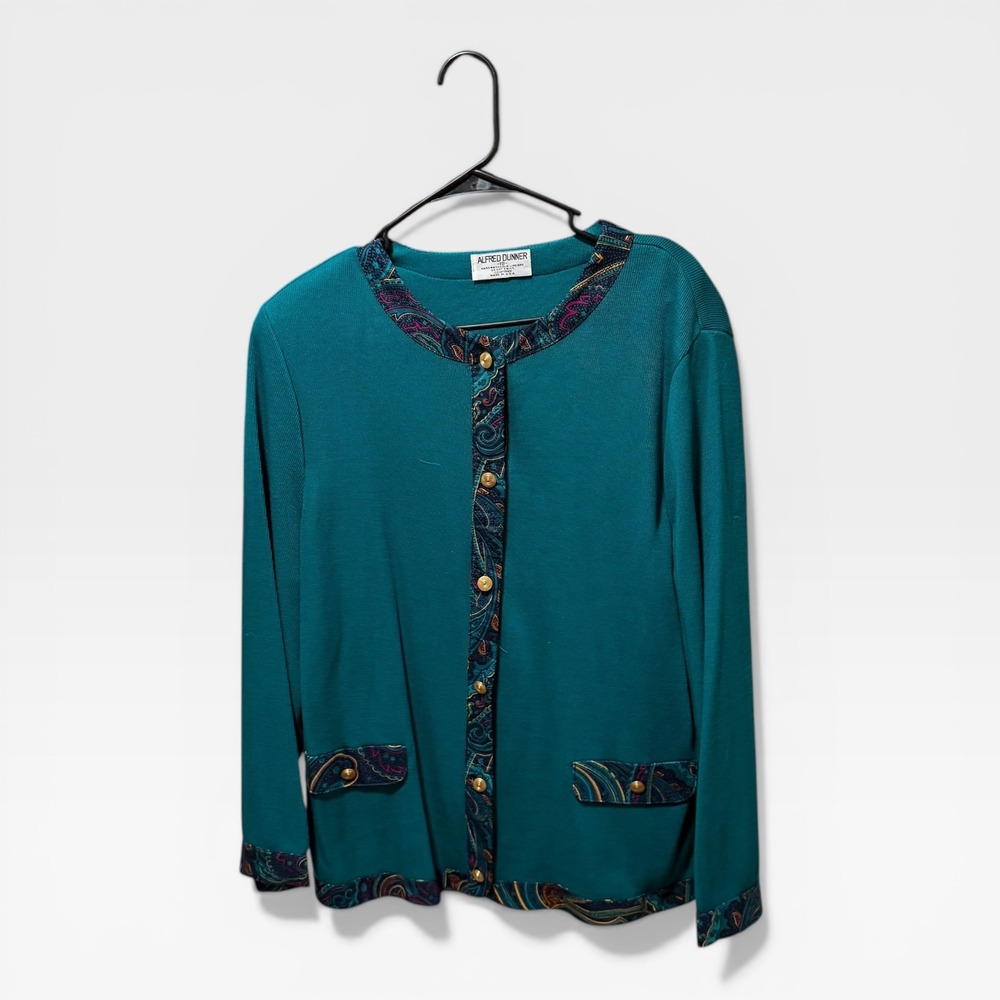 Alfred Dunner‎ Cardigan Women 18 Teal Excellent Paisley Trim Gold Button Ribbed